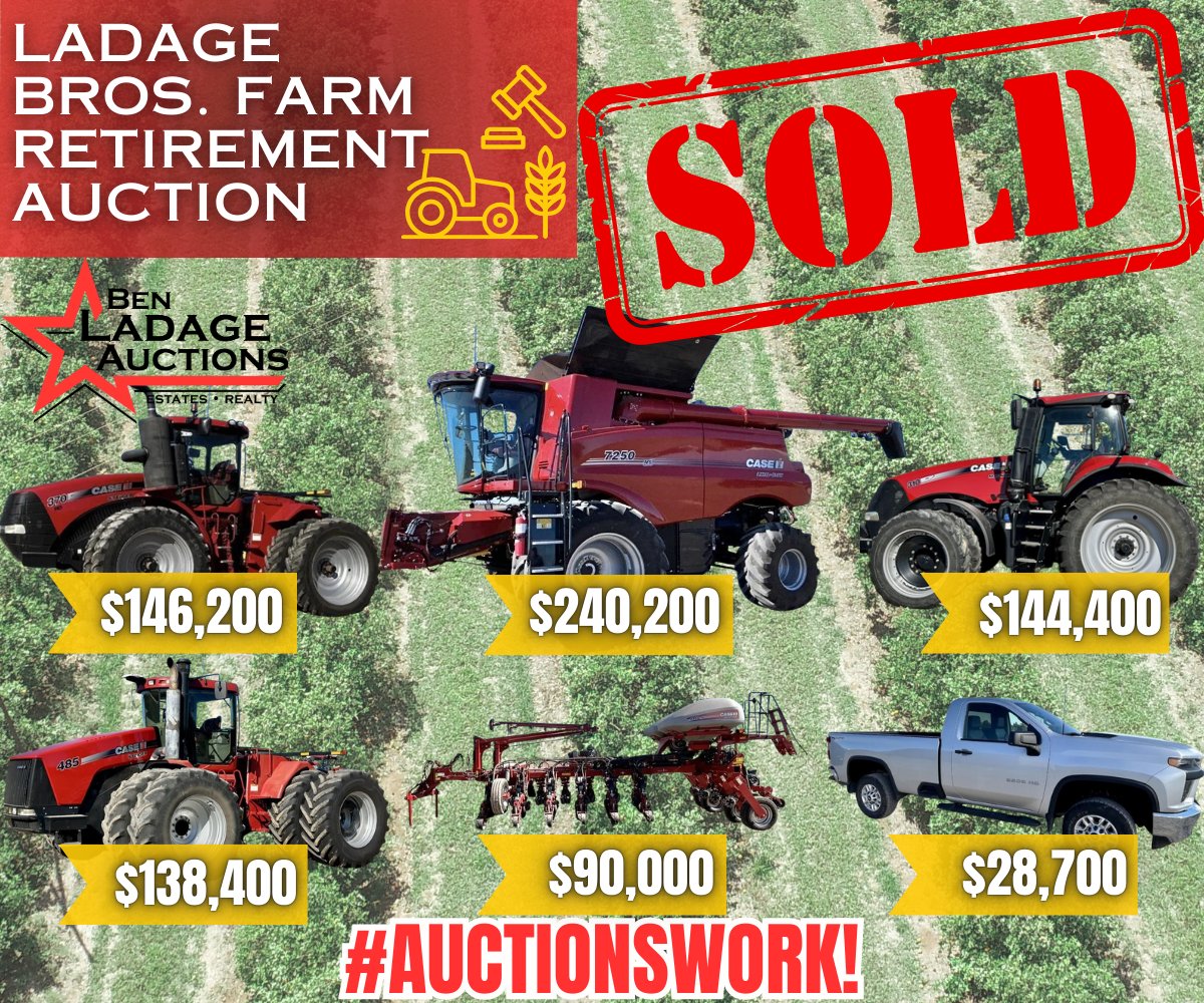 BenLadage's tweet photo. SOLD ✅ We had a great turnout for our Ladage Bros Farm Retirement Auction 🚜 Once again, we couldn't do it without our amazing auction community! Happy retirement to Don &amp; Ron Ladage 🎊
#auctionswork #BidwithBen https://t.co/sSrd6e6vd4