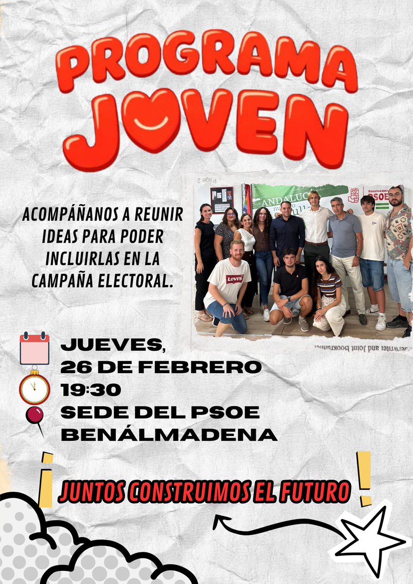 💫 Este jueves llega la primera reunión de Programa Joven.

🫂 Si quieres mejorar Benalmádena, estás en el lugar correcto.

🔥 Tus ideas y tú tenéis mucho valor. ¡Te esperamos!