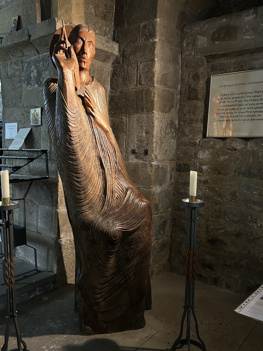 cmcayley's tweet photo. Some of the striking sculptures by Fenwick Lawson, who died in January 2026. These are in St Paul’s, Jarrow (Monkwearmouth-Jarrow Abbey). The carved figure of St Bede is especially fine. @durhamcathedral #StBede #Sculpture #localhistory https://t.co/uYtsZRHXaD