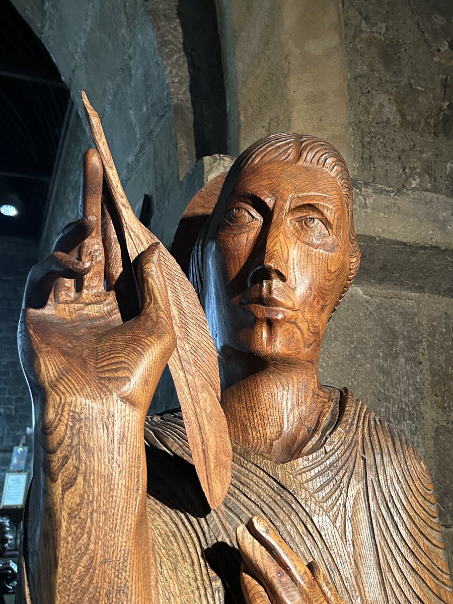 cmcayley's tweet photo. Some of the striking sculptures by Fenwick Lawson, who died in January 2026. These are in St Paul’s, Jarrow (Monkwearmouth-Jarrow Abbey). The carved figure of St Bede is especially fine. @durhamcathedral #StBede #Sculpture #localhistory https://t.co/uYtsZRHXaD