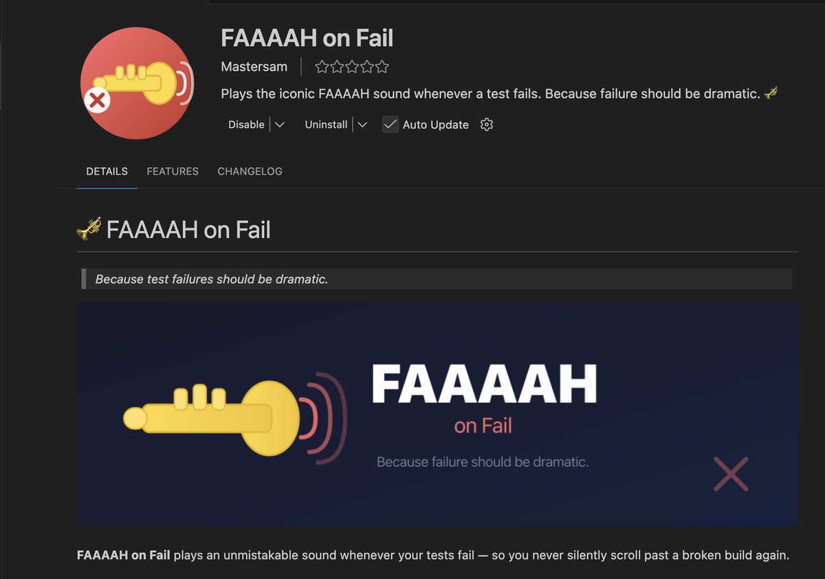 it's live. 🎺

FAAAAH on Fail — a VS Code extension that plays a dramatic sound every time your tests fail.

because failure should never be silent.

marketplace.visualstudio.com/items?itemName…