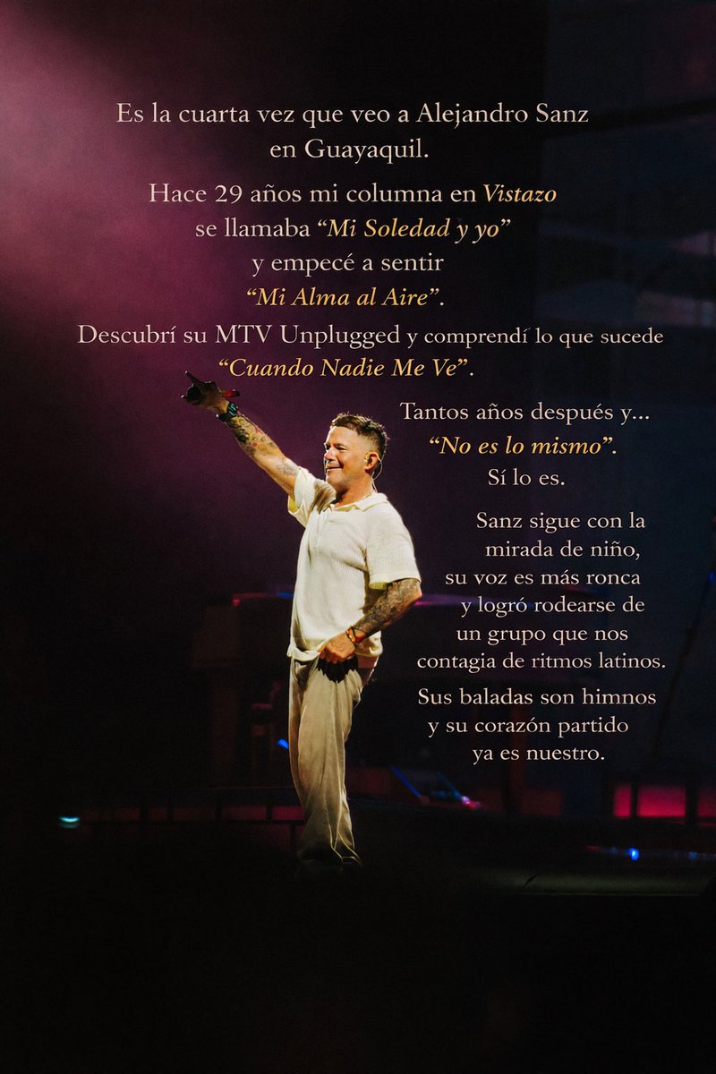 SbastienMlires1's tweet photo. 🇪🇨 ¡Qué Alejandro Sanz sepa que gracias a su corazón partido, “no existe el tiempo ni el dolor”. ¿Y ahora qué? Una vida mejor para nosotros. “Si no lo sabes tú, te lo digo yo”. ¡Guayaquil te dice gracias ⁦@AlejandroSanz⁩ ! https://t.co/olLk1MxkDy