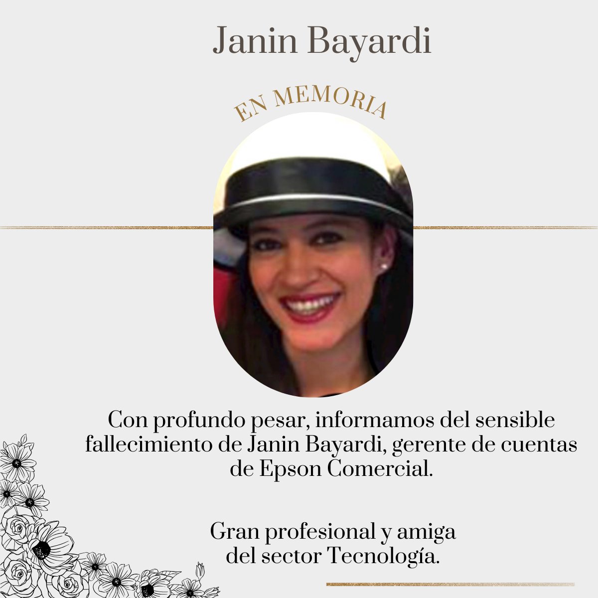 InfochannelMX's tweet image. #IndustriaTI | Extendemos nuestras más sinceras condolencias por el fallecimiento de Janin Bayardi, quien se desempeñaba como gerente de cuentas de #Epson Comercial.
 
Envíamos un cálido y fuerte abrazo a sus familiares, amigos, colegas, compañeros de trabajo y a todo el equipo