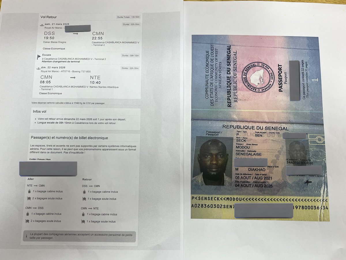 🚨 AVIS DE RECHERCHE - DOCUMENTS PERDUS
J'ai trouvé un passeport et un billet d'avion au nom de M. MODOU SECK. 
Il a un vol retour prévu le 21 mars , j’ai les documents avec moi depuis deux jours en espérant qu’il va revenir 
ZAC MBAO 📍

Merci de RT pour l'aider à voyager ! ✈️🇸🇳