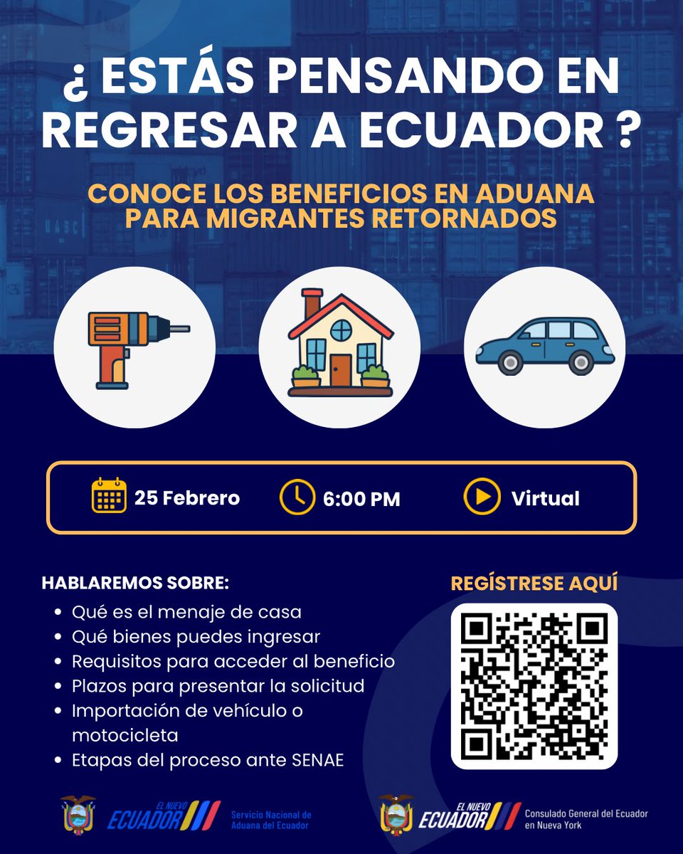 ¿Está pensando en regresar al Ecuador? 

El Consulado General del Ecuador en Nueva York invita a nuestra comunidad a participar en este taller virtual sobre beneficios en aduana para migrantes retornados.

cecueventosny.com/signup?event=c…

#ecuatorianosenny #menajedecasa