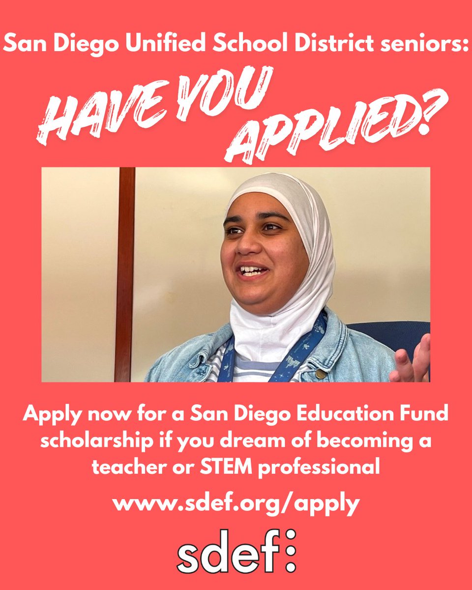 sdedfund's tweet photo. Don’t wait to apply for a San Diego Education Fund scholarship! https://t.co/IdTraAU05f
#sdedfund #sandiegounified #collegestudent #scholar https://t.co/WWm8ANvOe6