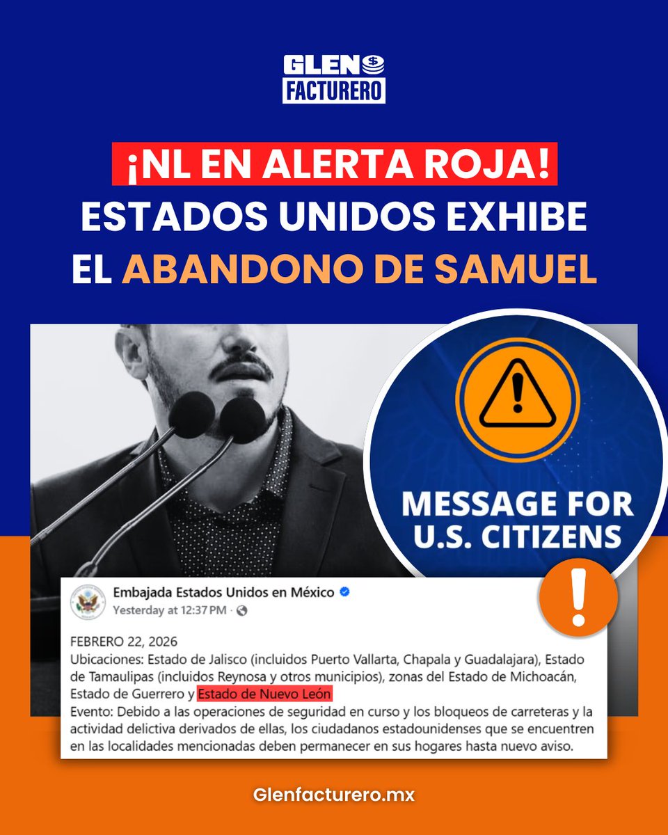Caos en el país tras lo de "El Mencho" en Jalisco y Estados Unidos activa alerta de viaje en Nuevo León por la violencia. 🚔 ¿Y Samuel? ¡Calladito! 🤫 Mucho viaje a Texas, pero hoy la Embajada le da un baño de realidad. 

¡Piden no salir de casa y él sigue sin dar la cara!
