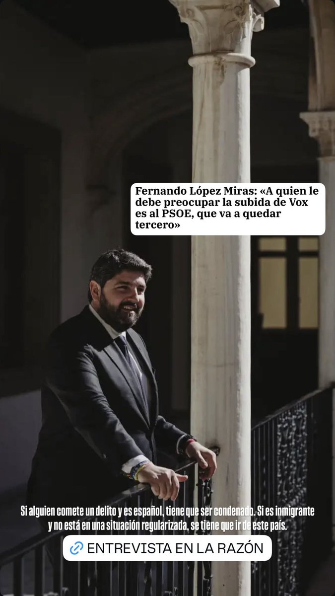 Si alguien comete un delito y es español, tiene que ser condenado. Si es inmigrante y no está en una situación regularizada, se tiene que ir de este país.

El Presidente <a href="/LopezMirasF/">Fernando López Miras</a> en <a href="/larazon_es/">La Razón</a> 

larazon.es/espana/fernand…