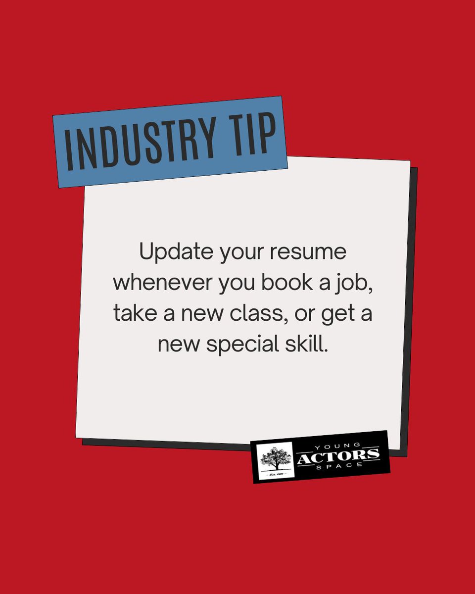 YoungActorsSpc's tweet photo. Quick actor check-in...When was the last time you updated your resume? 
Keeping it current helps casting see who you are right now, not who you were a year ago.
Take a few minutes this week to review yours!

#youngactorsspace #actingtips #actorlife #actingresume #relaxlistenreact https://t.co/KGlsoOP0Vf