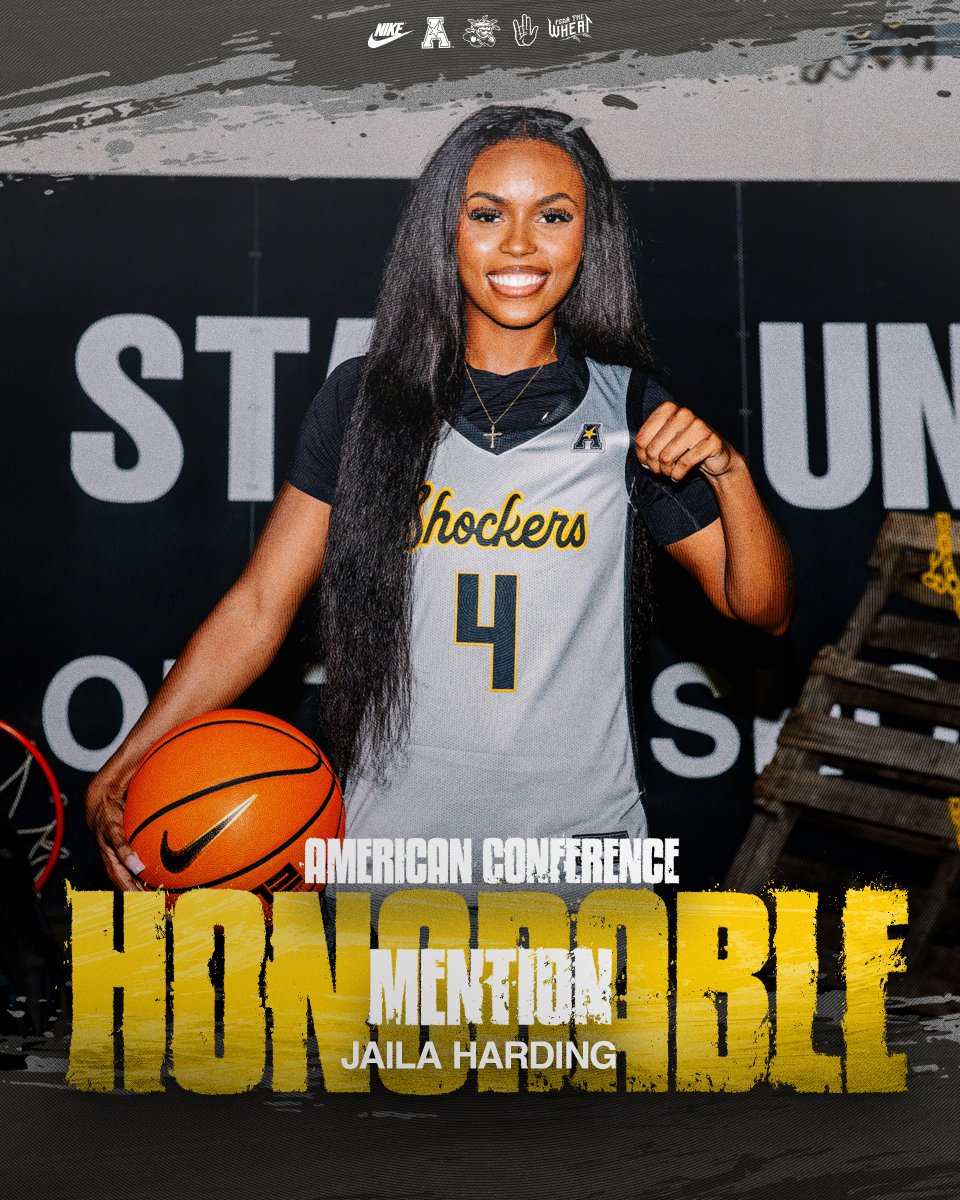 GoShockersWBB's tweet photo. With 19 points and a program record in our win over UTSA, Jaila Harding has been named to the American Conference weekly honorable mention list! ⭐️ https://t.co/hvx3BeTEXh