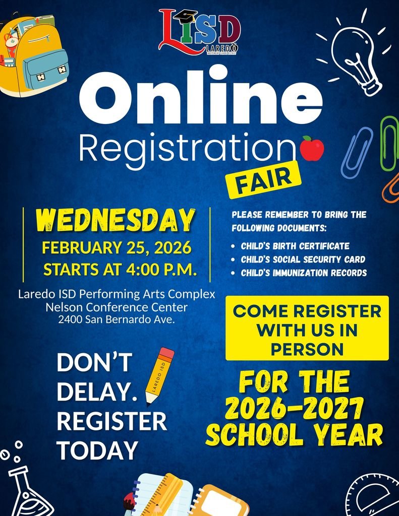 NjohnsonPierce's tweet photo. Come register for the 2026-2027 School Year at LISD. We will be having a fair on Wednesday, February 25, 2026 from 4:00 to 6:00 p.m at the LISD Nelson Conference located at 2400 San Bernardo Ave. https://t.co/XBTtQHiaej