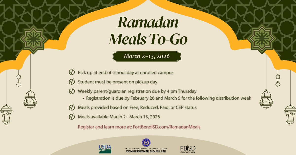 FortBendISD's tweet photo. Fort Bend ISD is committed to serving every student with thoughtfulness, respect, and care. As we prepare for Ramadan 2026, our Child Nutrition Department will implement the USDA 2026 Ramadan Non-Congregate Feeding Waiver, allowing eligible students who are fasting to receive Ramadan To-Go Meals.
Students who participate will receive one breakfast and one lunch per day during the weeks of March 2–5 and March 9–13.

To assist with planning, families are asked to complete a brief registration survey if they would like their child to participate. https://t.co/35jWucggOH