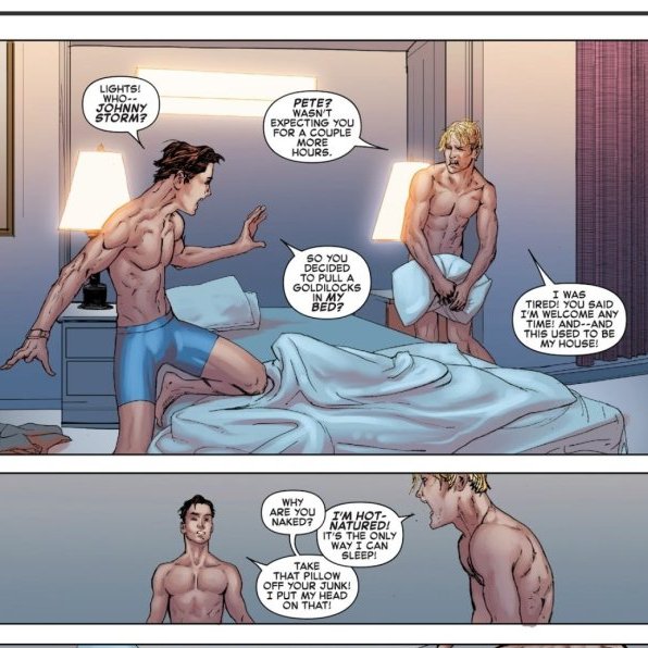 Crimzin15's tweet image. Realising that Johnny is a liar. He doesn't feel hot or cold to the extremes since he got his powers. He could be in the thickest clothing in the Sahara and wouldn't break a sweat.

So what is the truth?