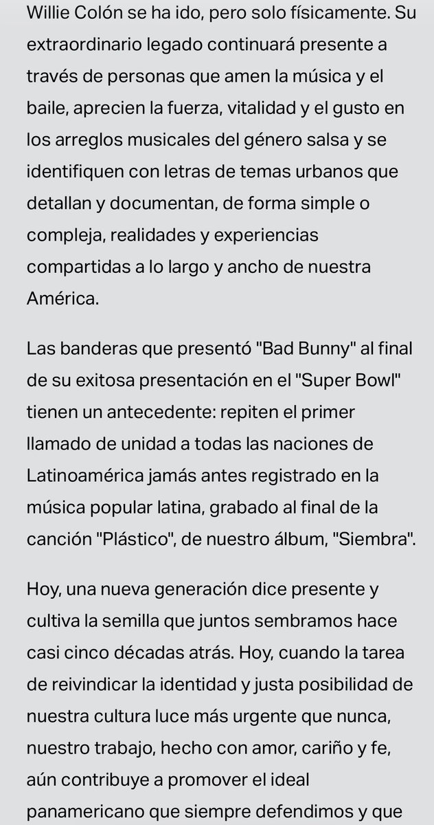 La carta de despedida de Rubén Blades a Willie Colón es una de las mayores muestras de honradez, valores y hasta victoria de respeto sobre cualquier diferencia que haya visto.

La mejor honra posible a lo inmenso que construyeron. Juntos, al final, sobre cualquier diferencia.