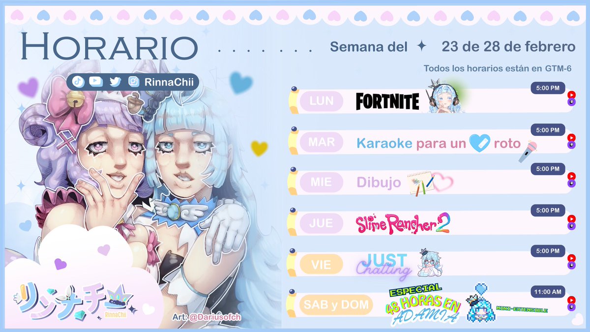 📅 HORARIO SEMANAL ‼

Diamantitos!! o((>ω< ))o tenemos horario semanal, desde casita vamos a hacer muchas cosas para poder distraernos lo más posible y pasar un rato bonico 🤍💎

🤍♡⃕    twitch.tv/rinnachii
🌺♡⃕    youtube.com/c/RinnaChii

💎! #vtuber