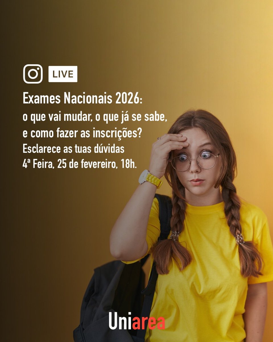 🔴 Hoje foram conhecidas as informações sobre as inscrições nos Exames Nacionais 2026 e as dúvidas são muitas! Para te ajudar, vamos estar em direto no Instagram, nesta 4ª feira, às 18h. Vamos falar do que já se sabe e responder às tuas questões: instagram.com/uniarea