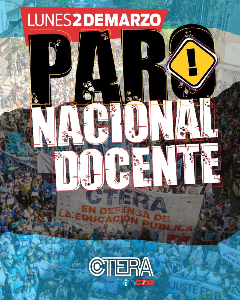 PARO NACIONAL DOCENTE - LUNES 2 DE MARZO 

¡Lxs trabajadorxs de la Educación PARAMOS en todo el país!

#2M