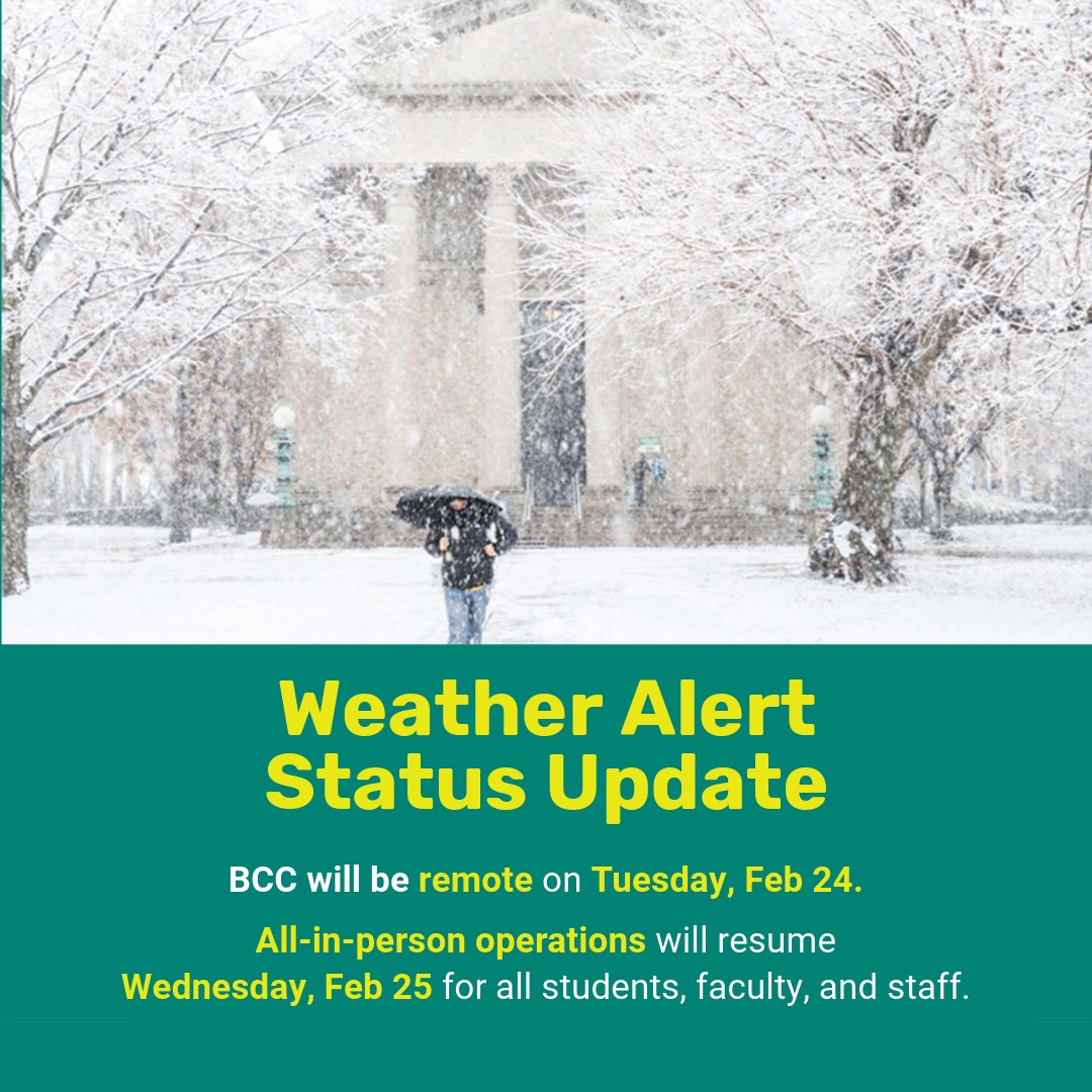 BCCcuny's tweet image. Due to inclement weather, BCC will continue remote work on Tuesday, February 24th, and resume all in-person operations on Wednesday, February 25th, 2026. This decision prioritizes the safety of our students, faculty, and staff.

#BroncoStrong #BCCProud #bcccuny @CUNY