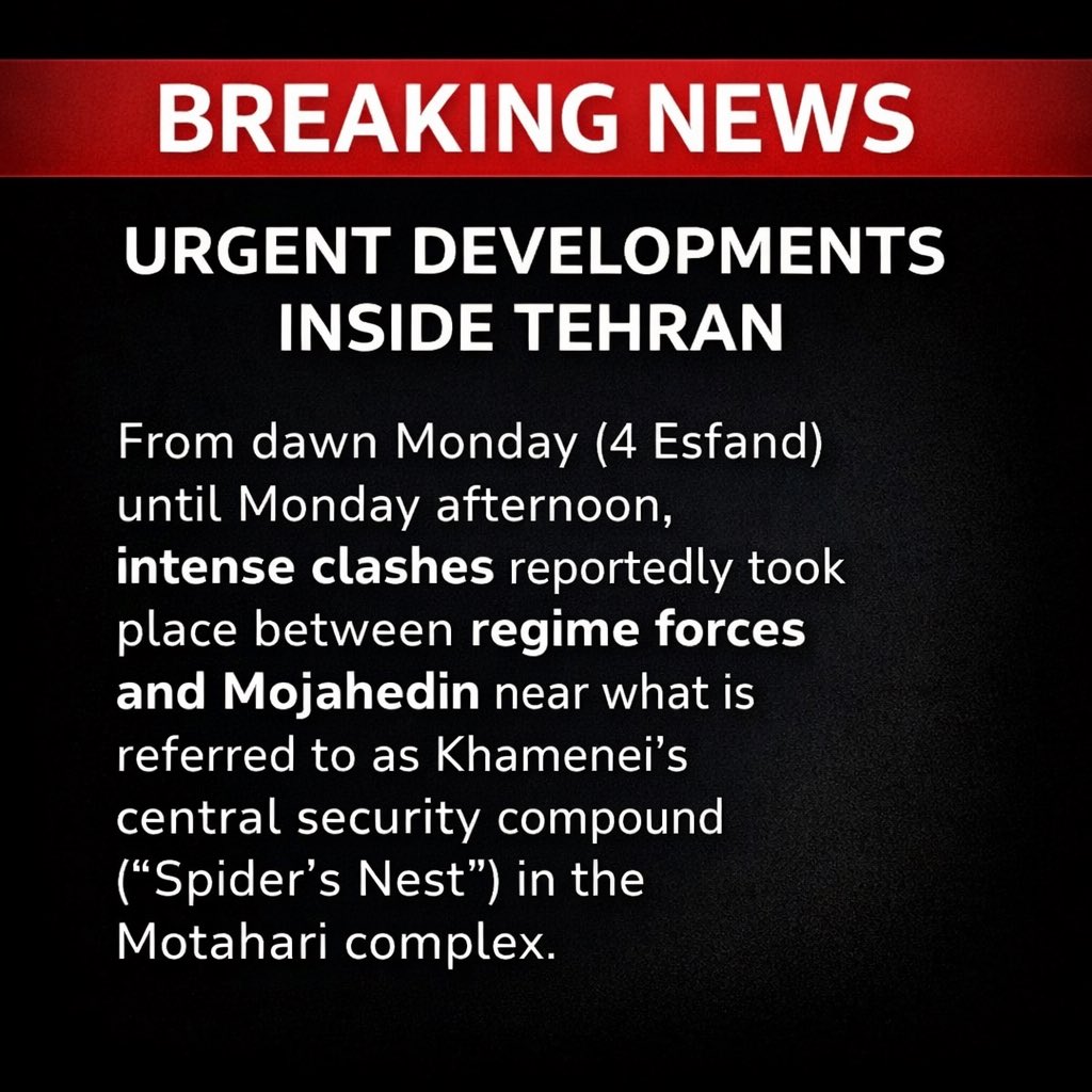 BMT_FreeIran's tweet photo. #BREAKING 🚨 URGENT: Reports coming out of #Iran: The people’s Mojahedin Organization of Iran (MEK) has attacked the offices of Iran’s supreme leader, Ali Khamenei.
According to reports inside the country, over 100 MEK members have been captured or killed. 150 MEK members could savely get out of the compound.
According to reports from inside Iran:
• Over 100 Mojahedin were killed or arrested during the confrontations.
• Regime casualties inside the compound are described as heavy, though exact numbers remain unknown.
• Ambulances reportedly entered the compound under special unit escort until midday Monday.
• More than 150 Mojahedin positioned in the second perimeter are reported to have safely returned to their bases by midnight.
@VOAfarsi @VOANews @RadioFarda_ @bbcpersian @MarioNawfal
#Iran #مجاهدین_خلق_ایران