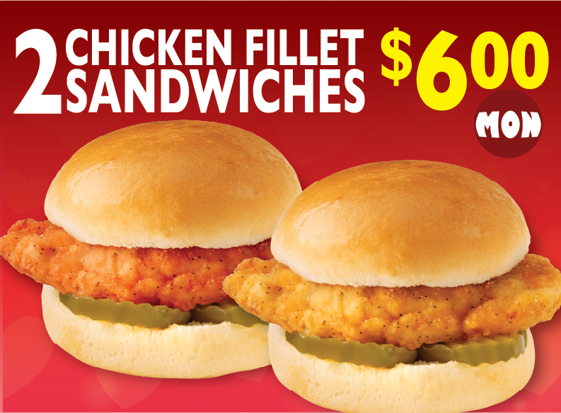 Monday called… it wants you to grab this deal.
2 Chicken Fillet Sandwiches for $6.00

Crispy. Golden. Loaded with flavor.
Because one just isn’t enough.

#dodges #dailyspecials #DodgesChicken