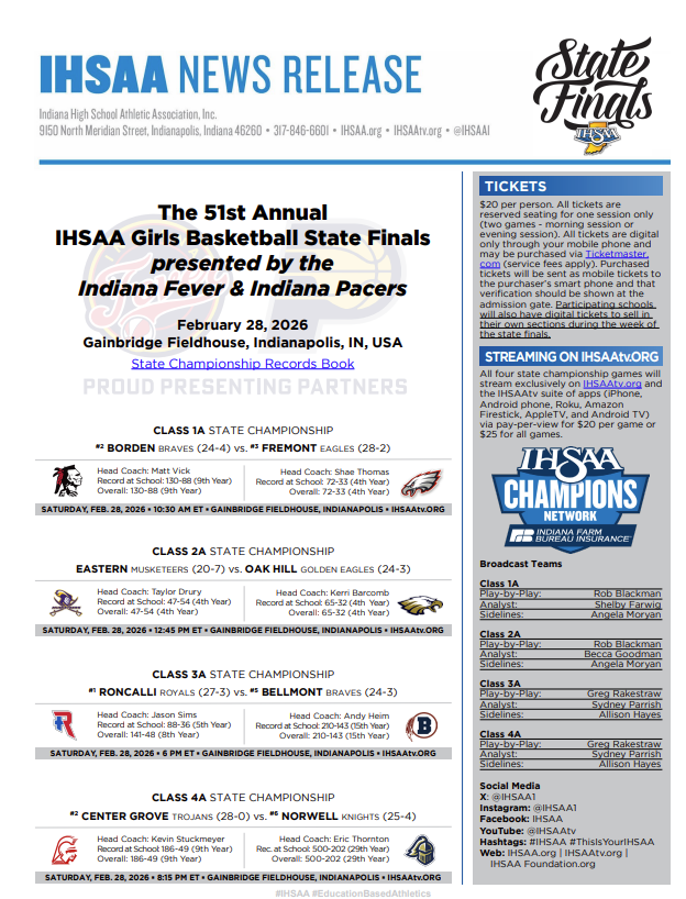 #IHSAA Girls Basketball State Finals Preview: Rosters, stats, season results and game notes for Saturday's championship games at <a href="/GainbridgeFH/">Gainbridge Fieldhouse</a> 
🏆🏀
News Release: ihsaa.org/sites/default/…