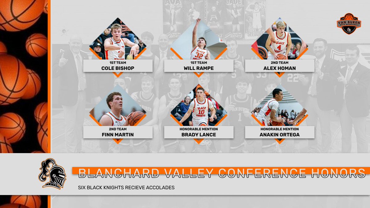Congratulations to Van Buren Boys Basketball players that received All-Blanchard Valley Conference honors.  1st Team: Seniors Cole Bishop, Will Rampe   2nd Team:  Seniors Alex Homan, Finn Martin   Honorable Mention: Seniors Brady Lance, Anakin Ortega