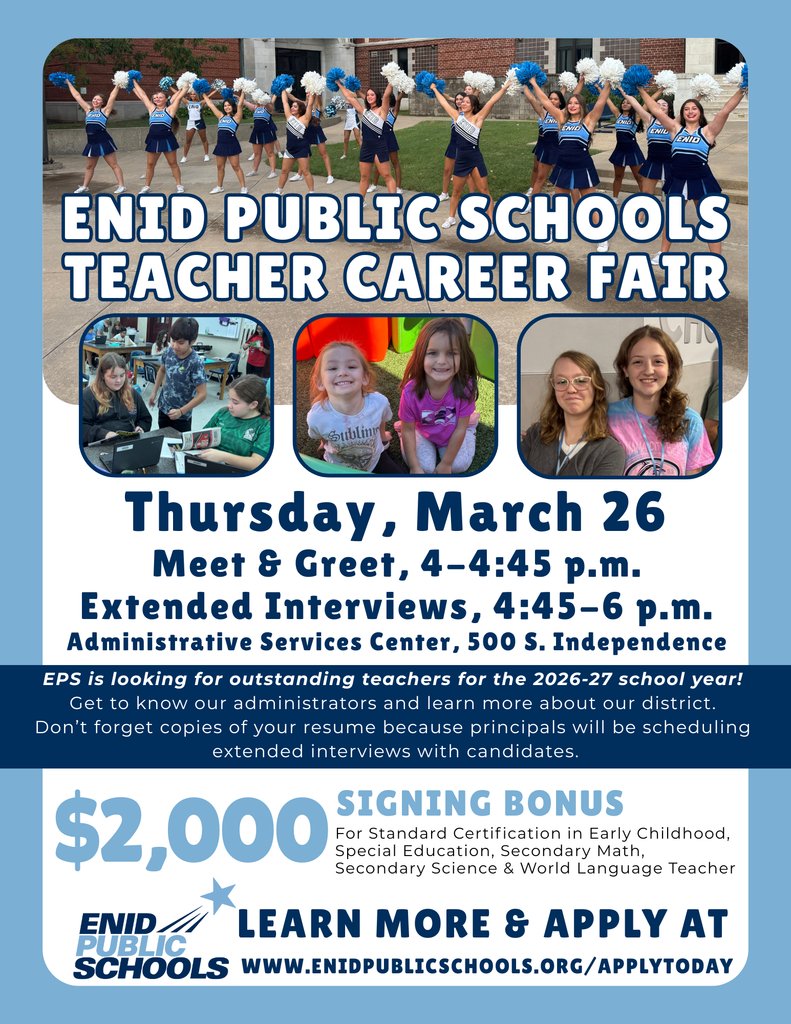enidhigh580's tweet photo. You're invited to the Enid Public Schools Teacher Career fair!

Thursday, March 26
Meet &amp; Greet: 4–4:45 p.m.
Extended Interviews: 4:45–6 p.m.
Administrative Services Center, 500 S. Independence https://t.co/ZPeKxyxTQ7