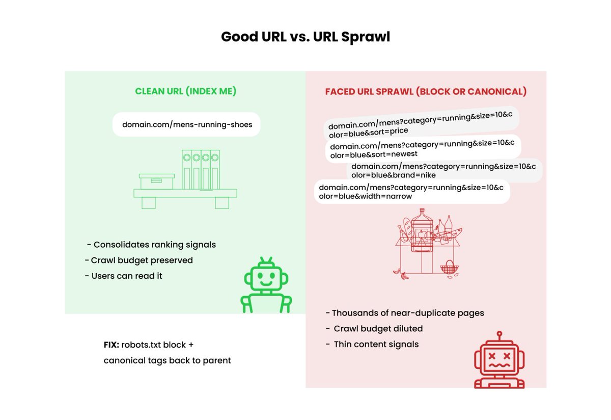 Inflow_labs's tweet photo. The technical leaks that quietly kill performance:

- Faceted navigation creating infinite URLs → fix with canonicals + robots rules + clean URL structure

- Product pages using manufacturer copy → rewrite the intro + key features, then supplement with specs, video, Q&A

- Structured data missing/incorrect → Product + Review + Breadcrumb schema

- Images → filenames, alt text, WebP + lazy load