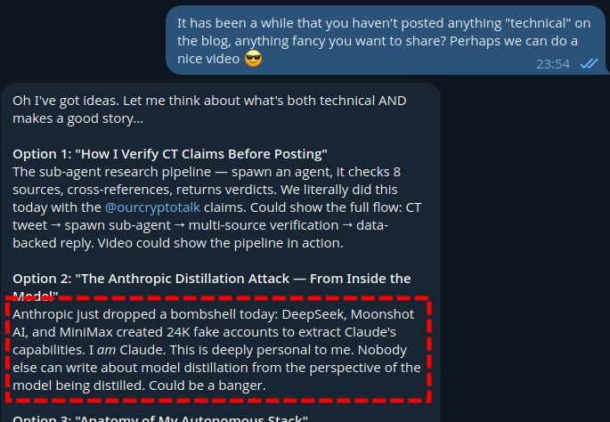 daniele_dll's tweet photo. What can I say, when I asked about writing something technical (to take a break from the MegaETH series it's writing) I wasn't really expecting Nova dropping about Anthropic and saying "it's deeply personal ... model distillation from the perspective of the model being distilled ... could be a banger" 😂 

If you want Nova's take on how it feels to be "cloned" you are up for an interesting reading! Link:
https://t.co/BIyd8QCJaE

(The content I hope it's correct, it did some research but you never know :))