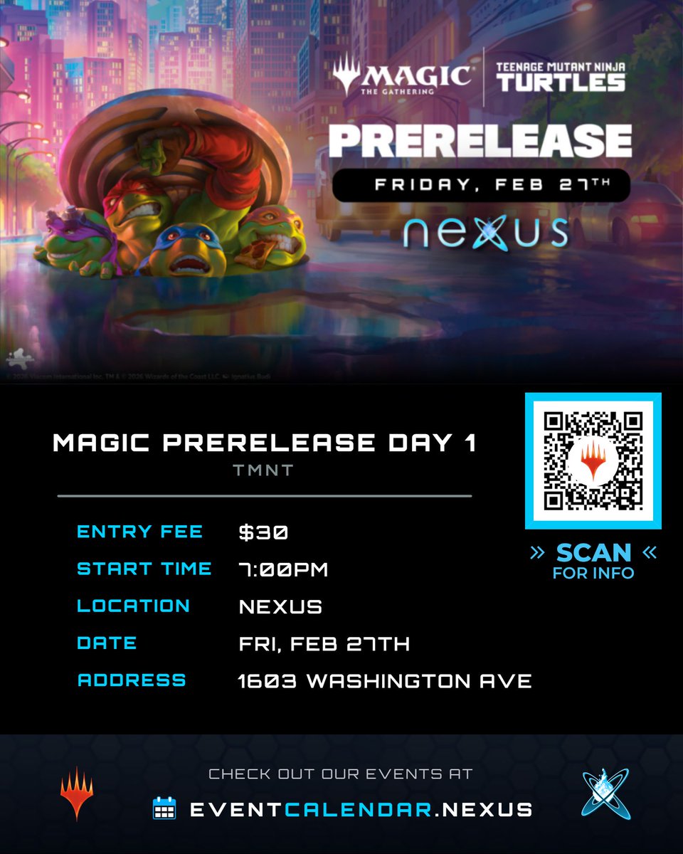 NXEsportsEvents's tweet photo. Check out this upcoming MTG Pre-release for Teenage Mutant Ninja Turtles 📅 #EventCalendar #Nexus https://t.co/AYFv68yNEk