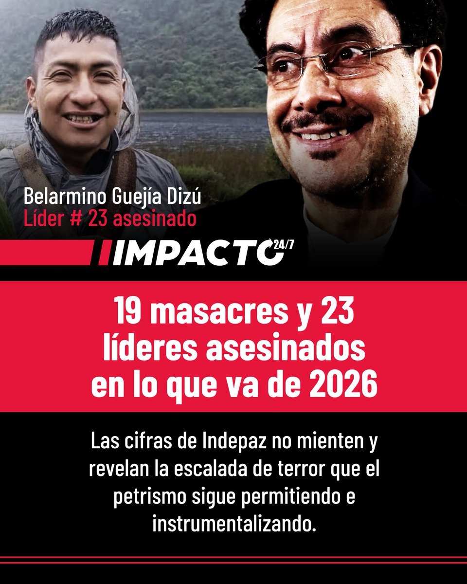 🚨🇨🇴 LAS CIFRAS NO MIENTEN | Cifras de Indepaz revelan que con el asesinato de Belarmino Guejía Dizú en Cajibío, Cauca, ya son 23 los líderes sociales asesinados este año. A esto se suma la masacre número 19 en lo que va del 2026, en Ponedera, Atlántico, donde en pleno territorio