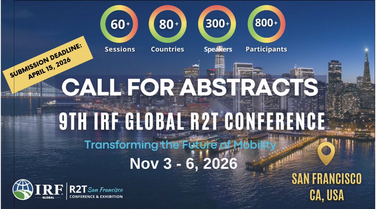 Te compartimos la convocatoria al 9th <a href="/IRF_global/">International Road Federation® (Certified by IRF)</a> R2T Conference, foro internacional clave para la innovación en infraestructura y movilidad. Envía tu resumen antes del 15 de abril de 2026. El evento será del 3 al 6 de noviembre en San Francisco, CA.

#AMIVTAC #R2T
