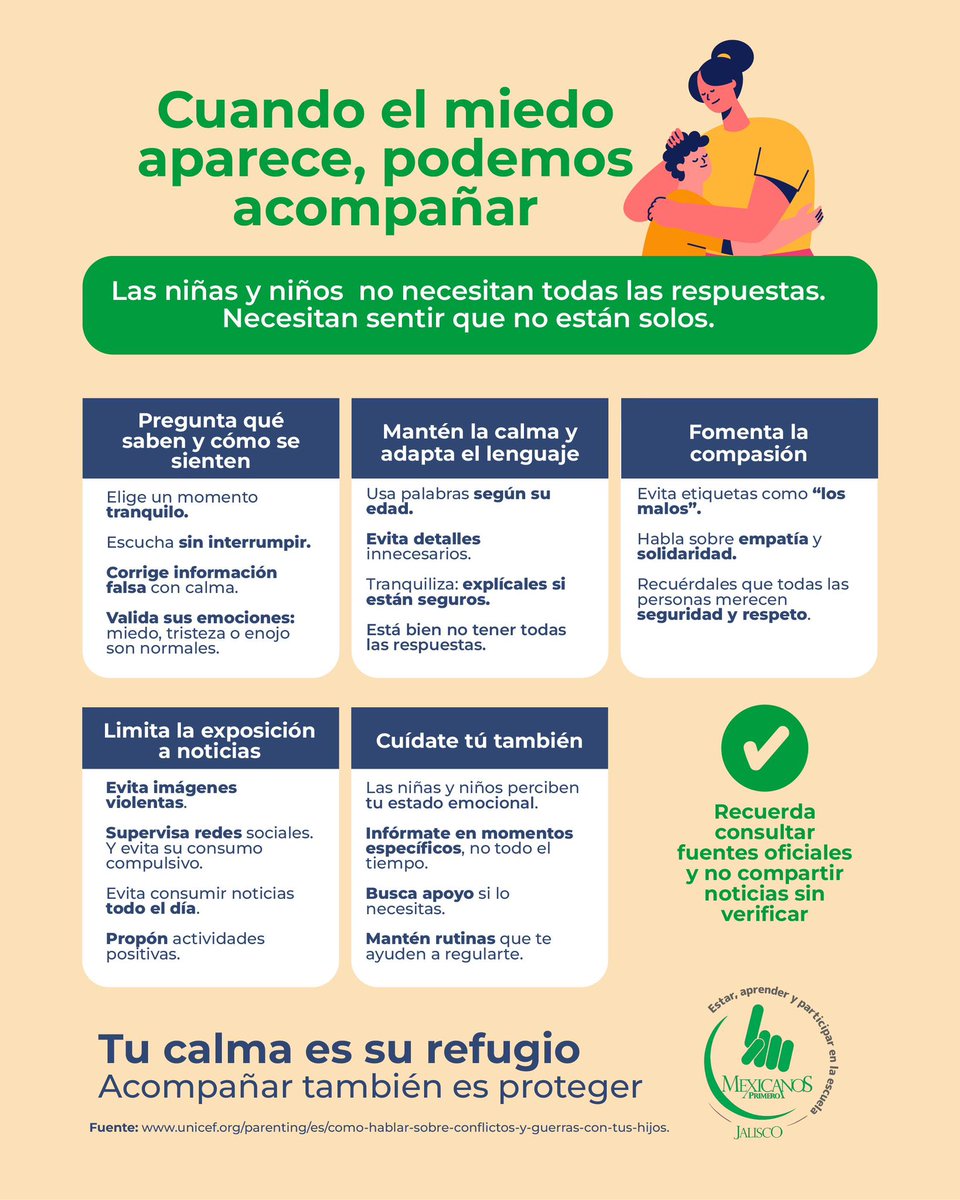 Mexicanos1oJal's tweet photo. Después de vivir o escuchar sobre hechos violentos, las niñas y niños pueden tener miedos y dudas. Tu compañía es su refugio. 

Te compartimos estas recomendaciones de @UNICEFMexico, recuerda consultar fuentes oficiales y evita compartir información no verificada. https://t.co/uwQEosTFG5