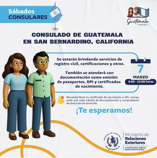 Estimados guatemaltecos: El sábado 7 de marzo tendremos nuestra  jornada consular de sábado, por lo que estaremos atendiendo de 8:00 a 13:00 horas, aprovecha a venir y realizar tus trámites, recuerda que estamos atendiendo SIN cita.
#GuatemalaCercaDeTi🇬🇹