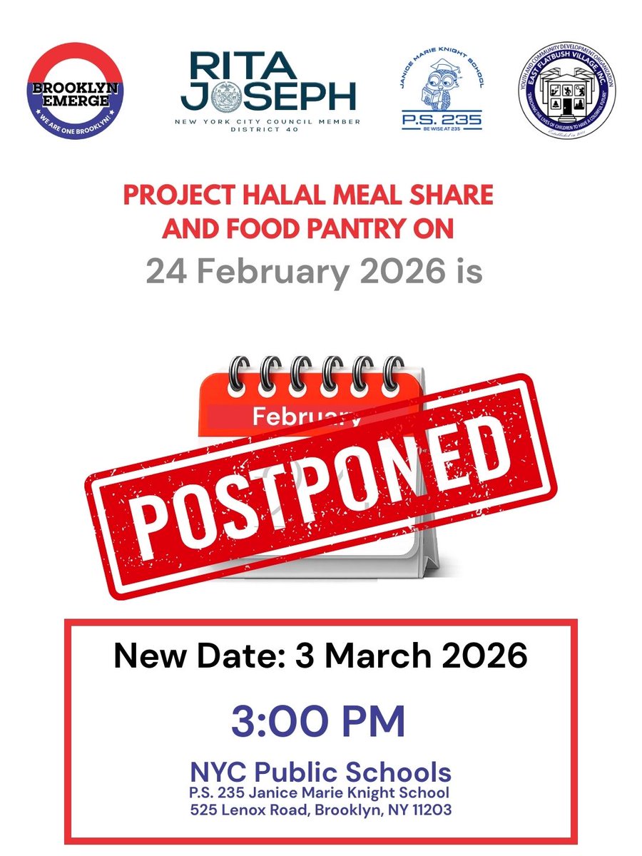 EmergeBrooklyn's tweet image. Our Halal Meal Share &amp;amp; Food Pantry has been postponed. 
New date: March 3, 3:00 PM P.S. 235 – 525 Lenox Road, Brooklyn  
Please help us spread the word. Community care continues. 

#freefood #foodpantry #ritajoseph