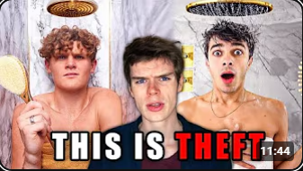 ItsPowerOutage's tweet photo. @Soggy_Cerealz @tachophobicat okay so using your logic, this has few elements as well: a shower, the youtuber, and the background. But oh! One has a brighter gold shower and a different body brush, therefore, the two thumbnails are different!

Was it you or your artist who made the thumbnails? https://t.co/PRrP8vZrlG