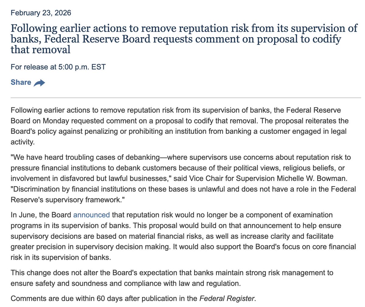 👀 The Fed moving to eliminate “reputation risk” which debanked &amp; prohibited crypto firms access to banking. $XRP <a href="/Ripple/">Ripple</a> ✅