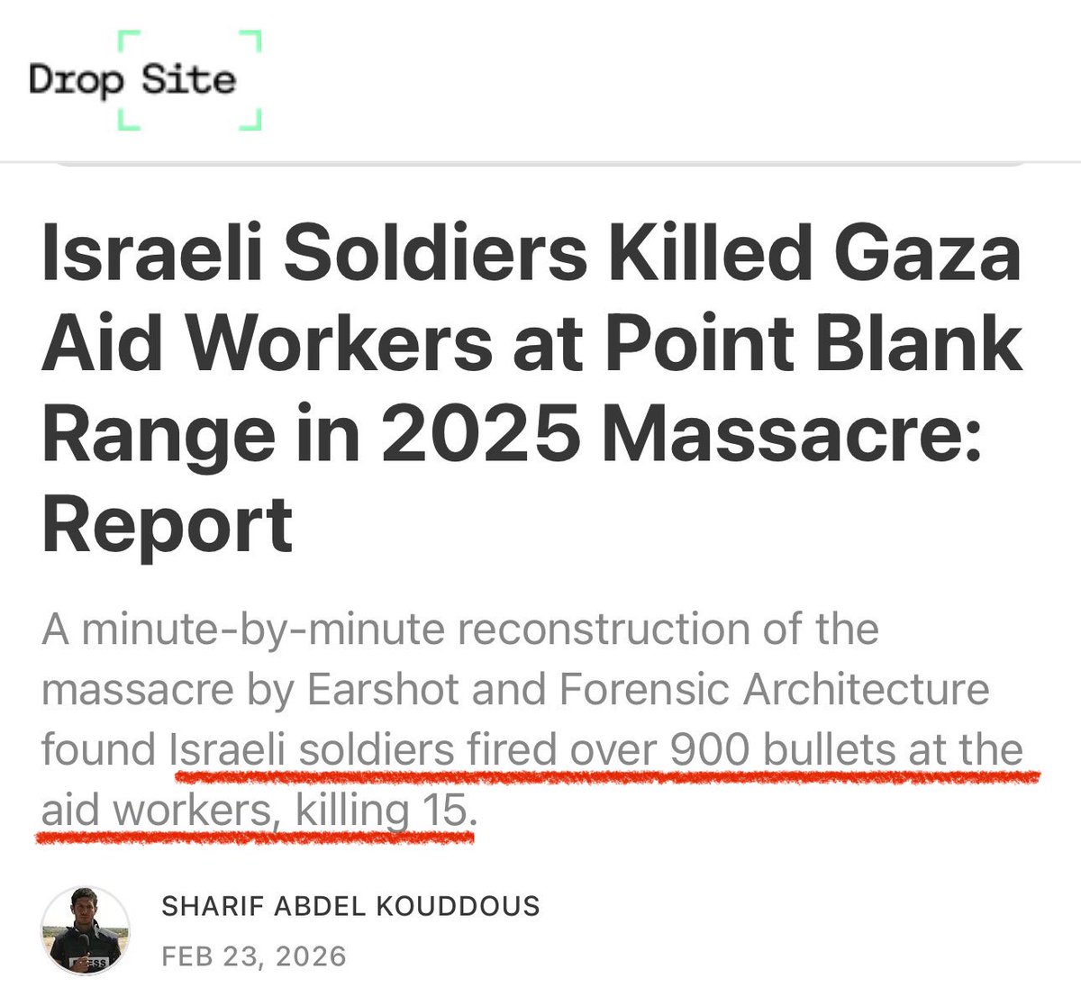 They shot 900 BULLETS at 15 medics, in ambulances, with their emergency lights on. 

Remember when the whole of Western media told you “Israel says it was caused by professional failures”?