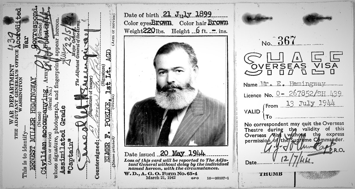 HemingwayNow's tweet photo. In 1944, Ernest Hemingway received a War Department ID naming him a civilian accompanying the Army with the rank of Captain, Assistant Grade, reporting for Collier’s. Weeks after D Day, he was in Europe, from Normandy to Paris, witnessing history firsthand.

#ErnestHemingway #WWII #WarCorrespondent #Dday #hemingway