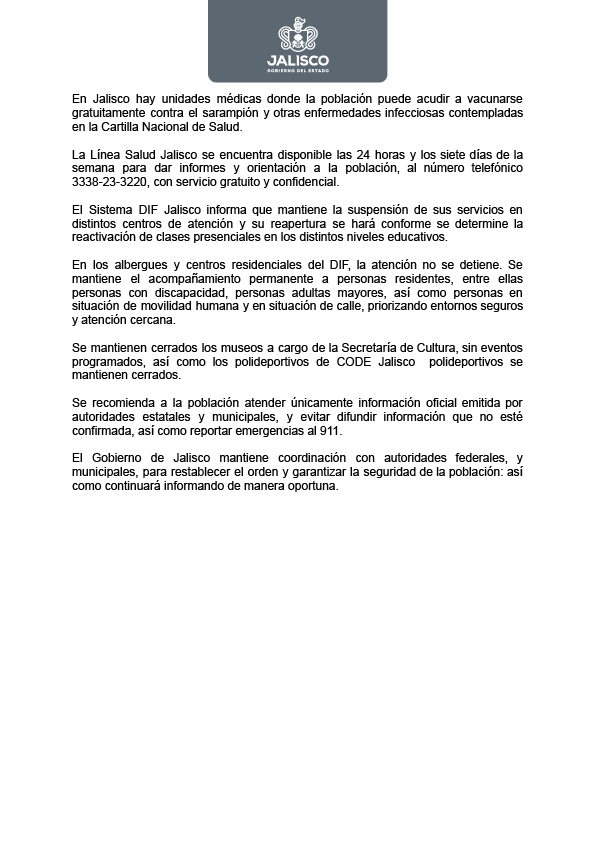 FiscaliaJal's tweet photo. 🚨 Avance Informativo | 15:00 horas

El Gobierno de Jalisco llama a reactivar de forma gradual la actividad económica.

Se reportan 41 detenidos y continúa la coordinación entre los tres niveles de gobierno.
El transporte opera de manera parcial.
Infórmate por canales oficiales https://t.co/oBSmp5zQ97