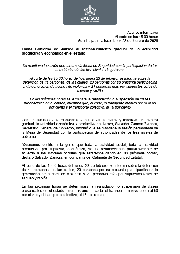 FiscaliaJal's tweet photo. 🚨 Avance Informativo | 15:00 horas

El Gobierno de Jalisco llama a reactivar de forma gradual la actividad económica.

Se reportan 41 detenidos y continúa la coordinación entre los tres niveles de gobierno.
El transporte opera de manera parcial.
Infórmate por canales oficiales https://t.co/oBSmp5zQ97