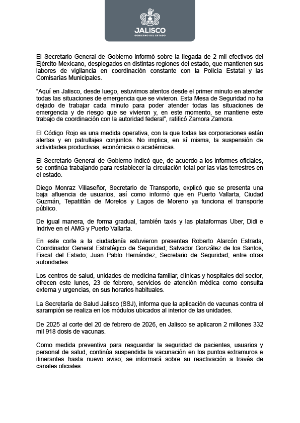 FiscaliaJal's tweet photo. 🚨 Avance Informativo | 15:00 horas

El Gobierno de Jalisco llama a reactivar de forma gradual la actividad económica.

Se reportan 41 detenidos y continúa la coordinación entre los tres niveles de gobierno.
El transporte opera de manera parcial.
Infórmate por canales oficiales https://t.co/oBSmp5zQ97