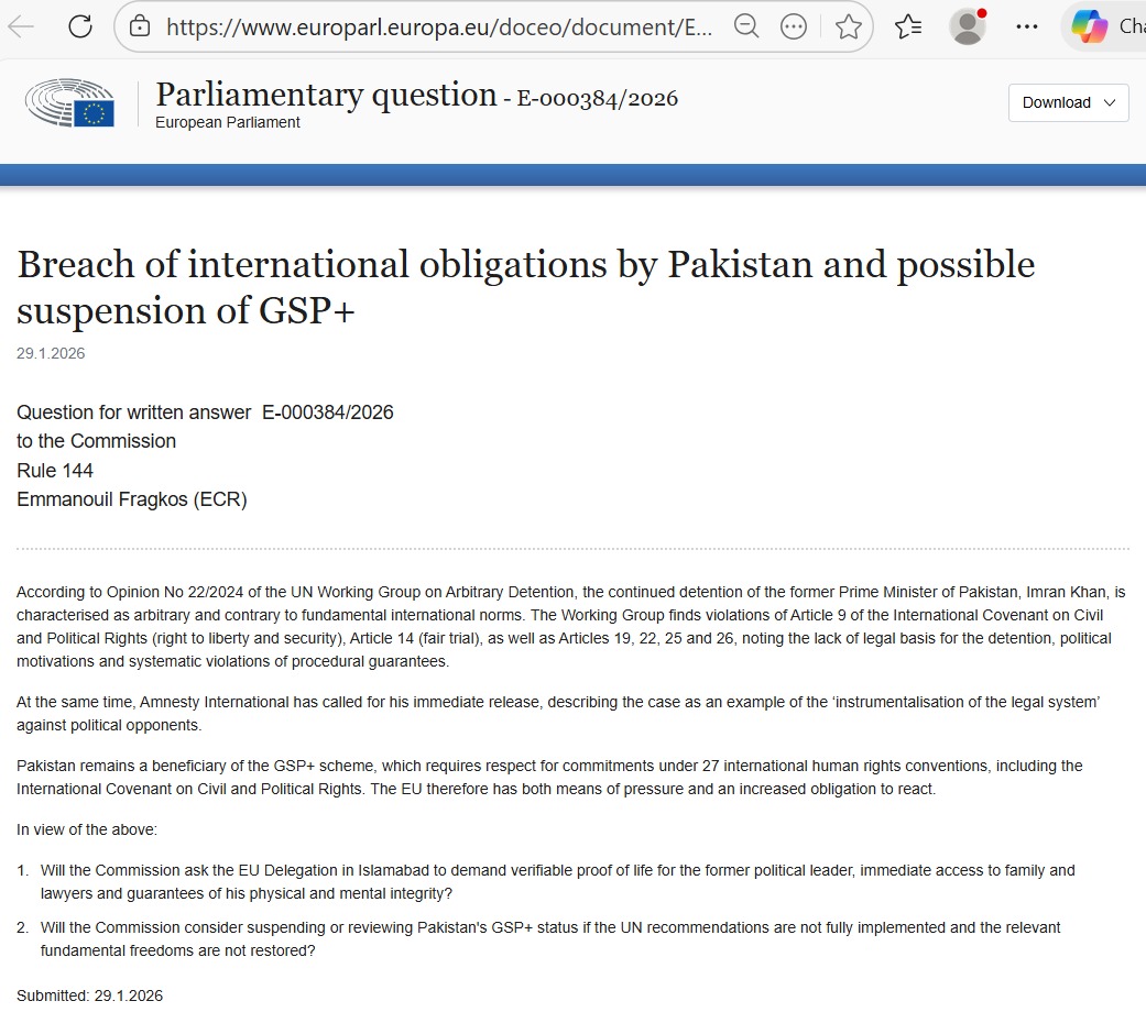 🚨🇪🇺European Parliament confirms concerns on prolonged detention of Imran Khan following PTI Europe Human Rights Monitoring Committee appeal.⚖️

While policy action is pending, MEPs demand "proof of life" for Imran Khan &amp; a review of Pakistan’s compliance. tinyurl.com/EU-Question