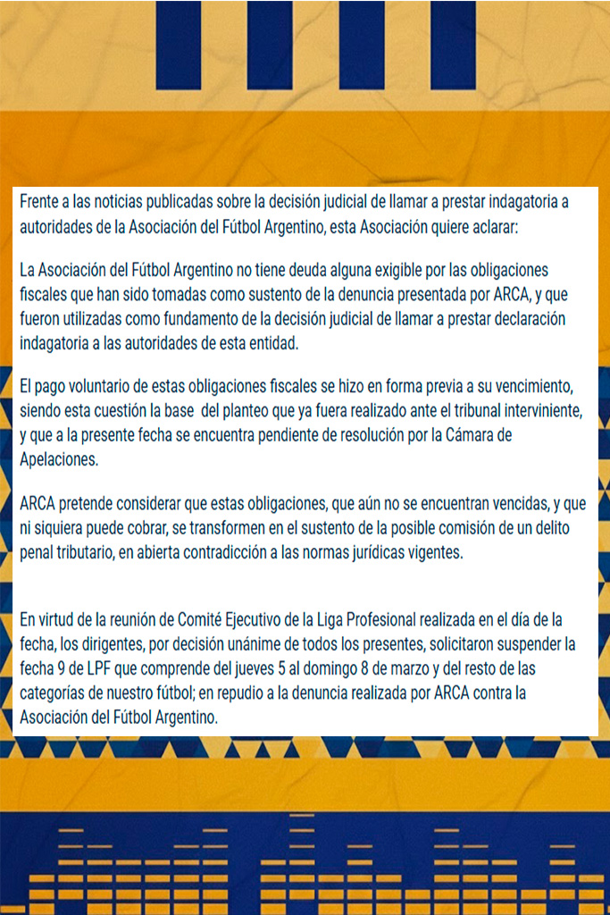 #Atlanta #PrimeraNacional 🚨
ATENCIÓN: El fútbol argentino entra en un parate total. Del 5 al 8 de marzo, no habrá partidos en ninguna categoría por disposición de <a href="/afa/">AFA</a> en respuesta a la denuncia del ARCA.
🏟️ Se suspende todo el cronograma previsto.

¿Qué pensás de esta medida?💬