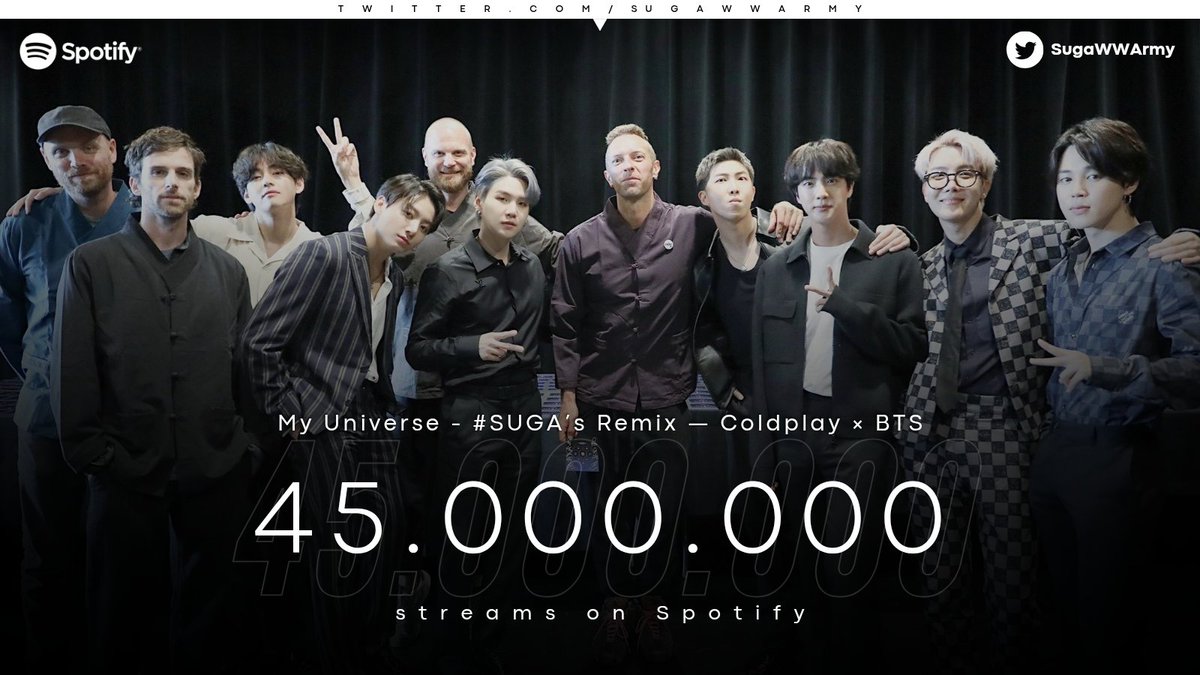 SugaWWArmy's tweet image. “My Universe (#SUGA’s Remix)” by 
@coldplay × @BTS_twt has surpassed 45 million streams on Spotify.

#BTSSUGA #Coldplay #BTS