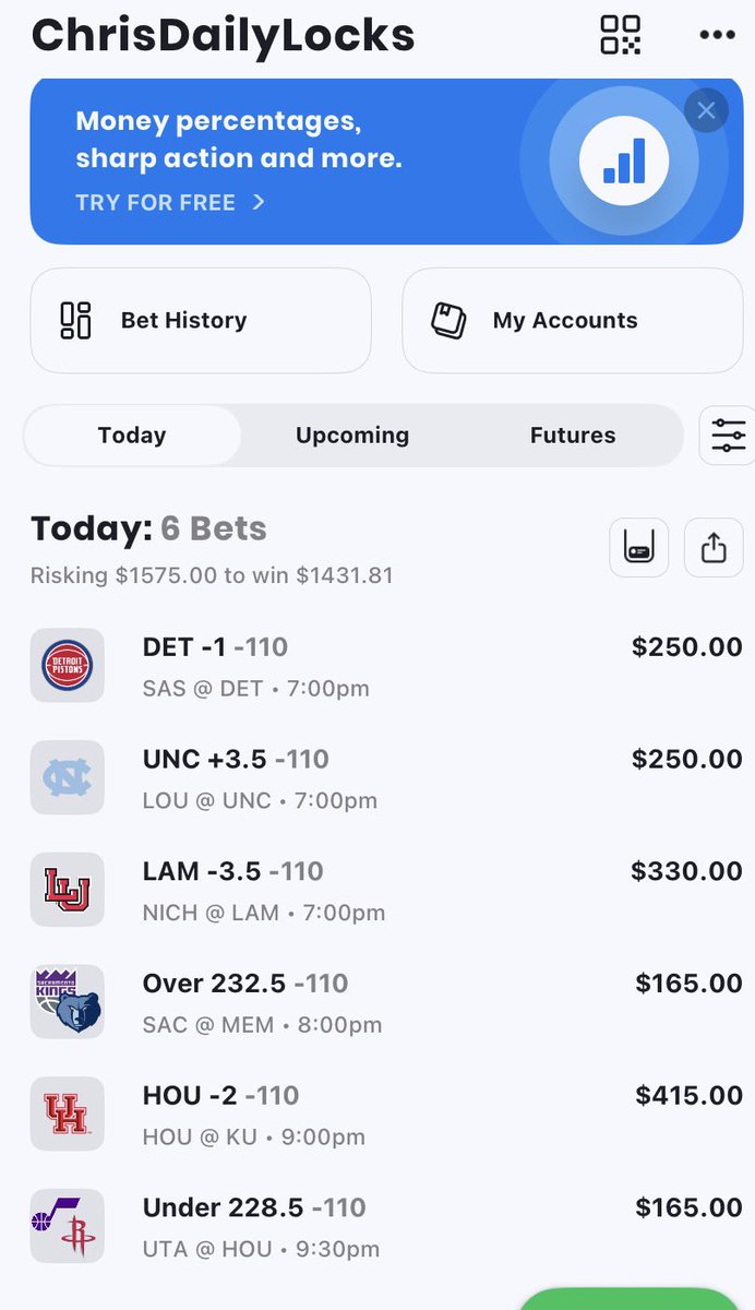 ChrisDailyLocks's tweet photo. 6 picks for today 2/23/26

Detriot pistons -1

North Carolina +3.5

Lamar -3.5

Sacramento / Memphis Over 232.5

Houston NCAAB -2

Utah / Rockets under 228.5 https://t.co/7v3oYdCVSb