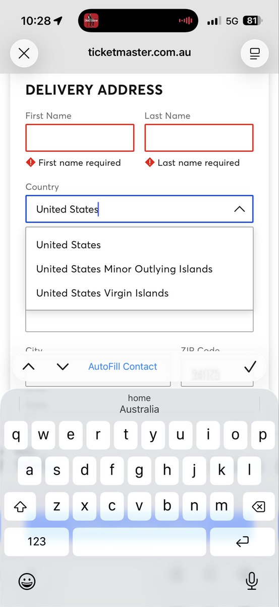 Grace_Middl's tweet photo. @Ticketmaster_AU @afl why can’t I select Australia for my delivery and billing address. 

Just defaults to the US only https://t.co/XOadiK2mkx