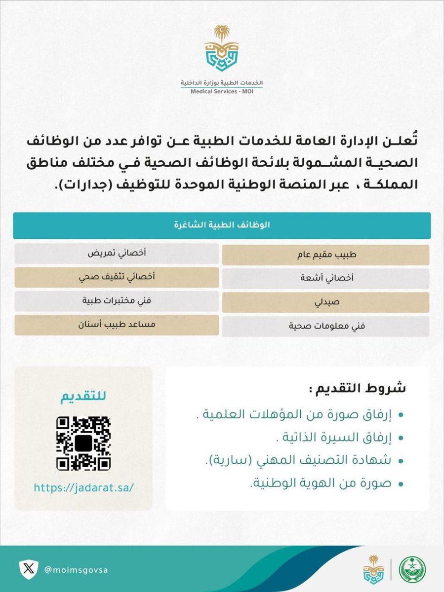 SGMsaad's tweet photo. 🔴 وظائف #سيرفس طبيب عام و #تمريض و #صيدلي شااااغره 

أعلنت الخدمات الطبية بوزارة الداخلية عن توفر عدد من الوظائف الشاغرة في مختلف مدن المملكة بعدة تخصصات طبية 👨🏻‍⚕️👩🏻‍⚕️

مدينة #الرياض فيها: خمس شواغر طبيب عام 🖐🏼

📎علماً أن التقديم عبر موقع جدارات:
https://t.co/VibmP72YXU https://t.co/pcejHxWreH