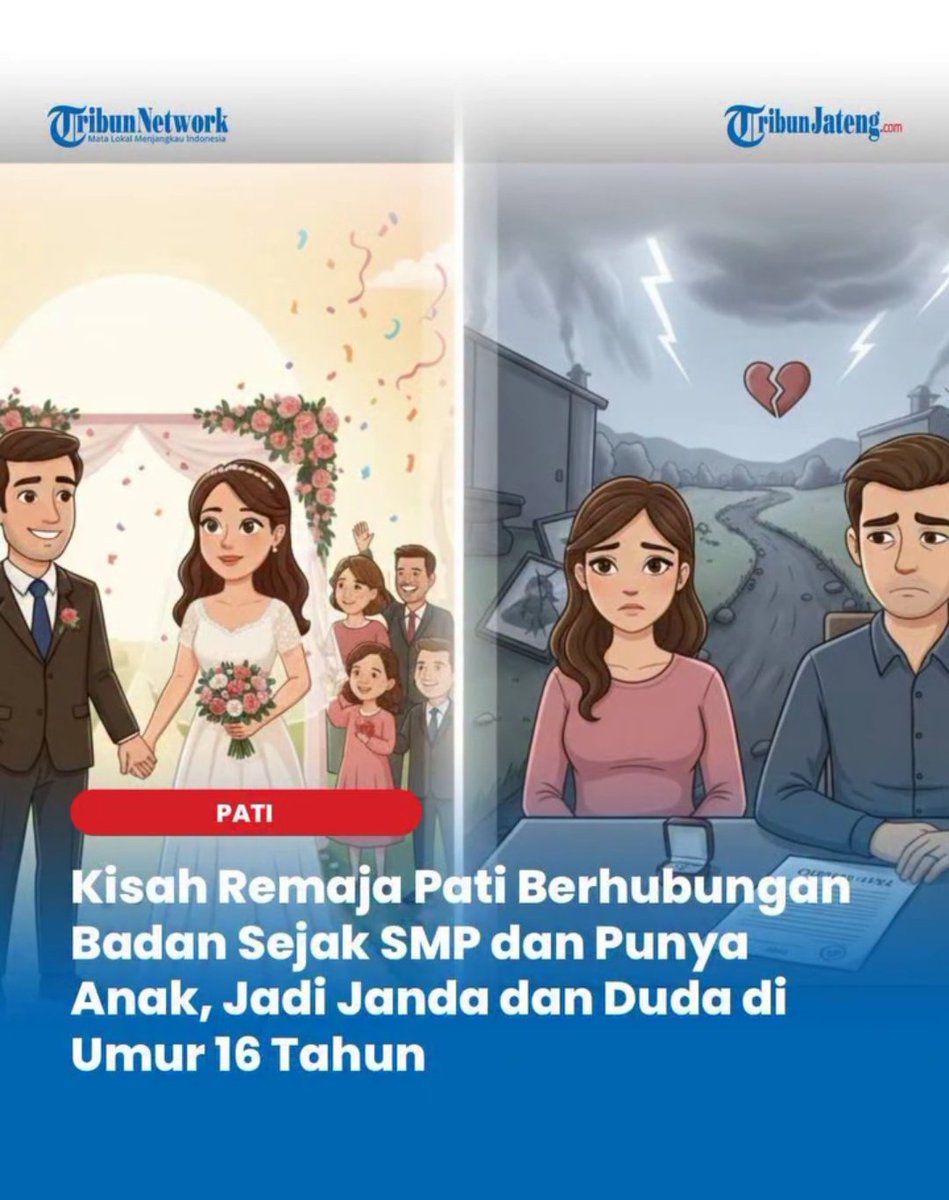 Netizen_bawel's tweet photo. Sebuah kisah pilu dari Kabupaten Pati ini harus jadi pelajaran berharga buat kita semua, terutama para orang tua. Sepasang remaja yang masih berusia 16 tahun harus menyandang status duda dan janda setelah pernikahan mereka hanya bertahan seumur jagung tepatnya cuma 6 bulan! 

Kronologi Kejadian: Berhubungan Sejak SMP: Keduanya diketahui sudah berhubungan layaknya suami istri sejak masih duduk di bangku SMP hingga memiliki anak. Dispensasi Nikah: Pada Mei 2025, mereka mengajukan dispensasi ke PA Pati karena desakan orang tua dan status hukum anak yang sudah lahir. 
Tak Pernah Serumah: Ironisnya, setelah resmi menikah, mereka justru tidak pernah tinggal satu atap dan tidak menjalankan kehidupan rumah tangga.
Gugat Cerai: Sang suami mengajukan cerai talak pada November 2025 dengan alasan sudah tidak cinta, merasa dipaksa orang tua, dan keberatan memberi nafkah. Humas PA Pati, Aridlin (08/01/2026), menyebutkan fenomena ini sangat dilematis. Di satu sisi untuk menghindari zina dan status anak, di sisi lain mental para remaja ini memang belum siap memikul tanggung jawab rumah tangga dan nafkah. Data mencatat ada 238 permohonan dispensasi nikah di Pati sepanjang 2025. Meski turun dari tahun sebelumnya, kasus "hamil duluan" masih mendominasi alasan pengajuan ini. Pelajaran pentingnya nih pernikahan bukan sekadar status di atas kertas, tapi soal kesiapan mental dan finansial.