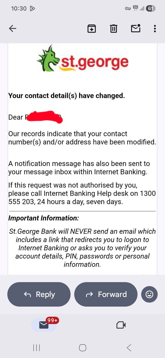 CactusCocktail's tweet image. @StGeorgeBank failed to get mail to me, didnt advise me the mail was returned (until I called them) and then claimed 'we have your correct address on file'
30 seconds later I get a notification from them that my address details have been updated.
Just outright liars.
#BankingRC